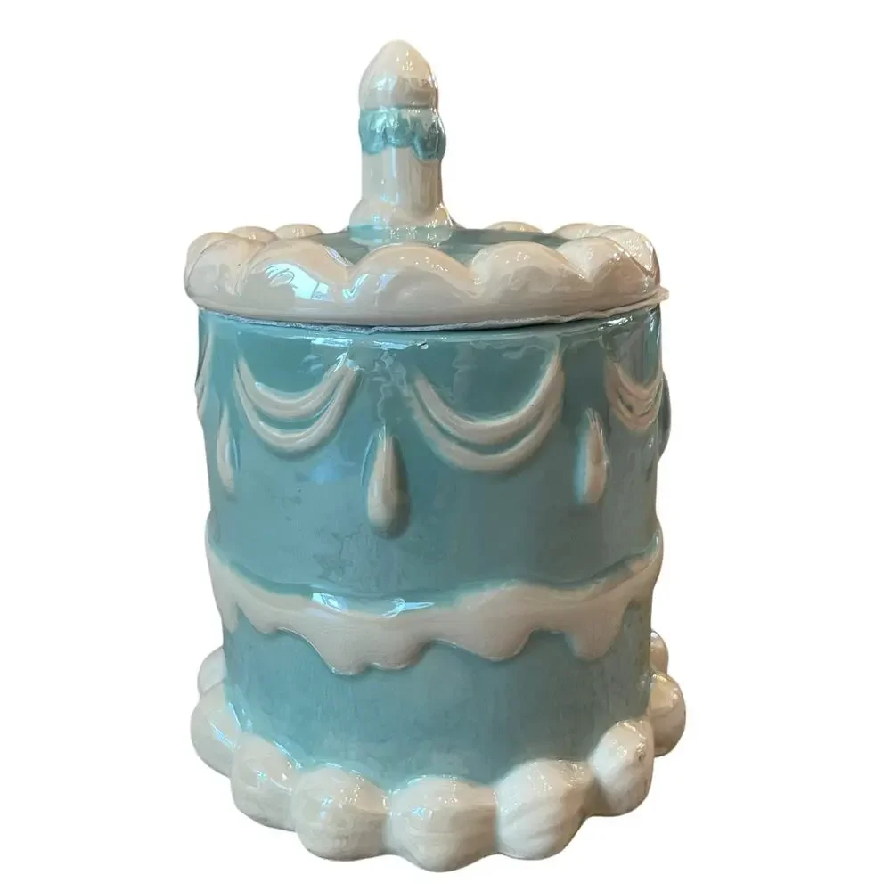 2pc Sheffield Home Hand Painted Blue Happy Birthday Cake Mug with Candle Lid New